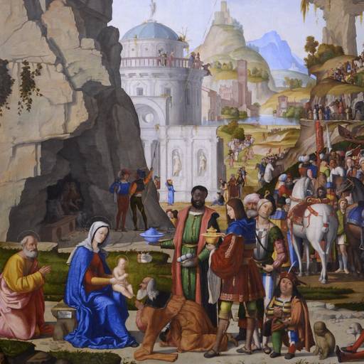 Adorazione dei Magi; nella predella: Annunciazione, Natività, Fuga in Egitto